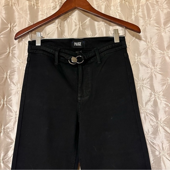 PAIGE Black Shadow Clean Front Genevieve Wide Leg Flare Jeans Buckle Detail - Picture 6 of 16